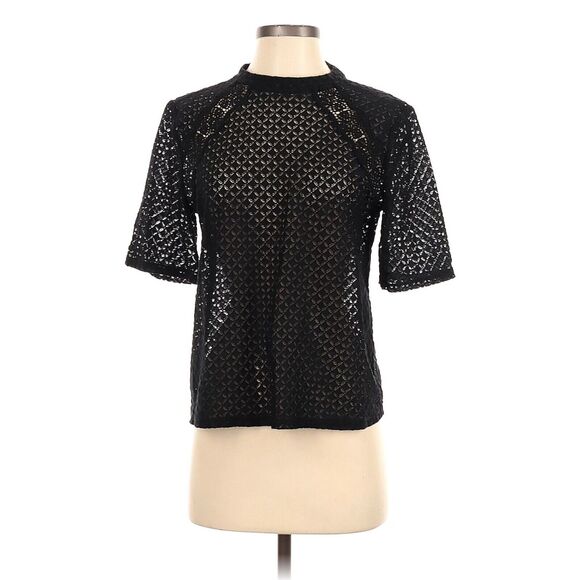 LOFT Petite Size MP Black Lace Crew Neck Tee Crochet Short Sleeve Classic Blouse - Picture 1 of 8